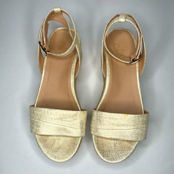 27 EDIT Jamari White Brushed Gold Leather Adjustable Strap Espadrilles Wedges - Picture 9 of 11